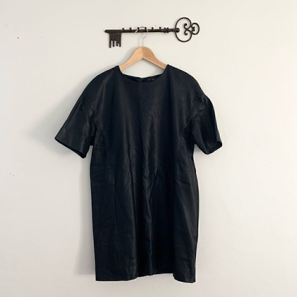 Zara Trafaluc black vegan leather mini dress short sleeve pockets size large